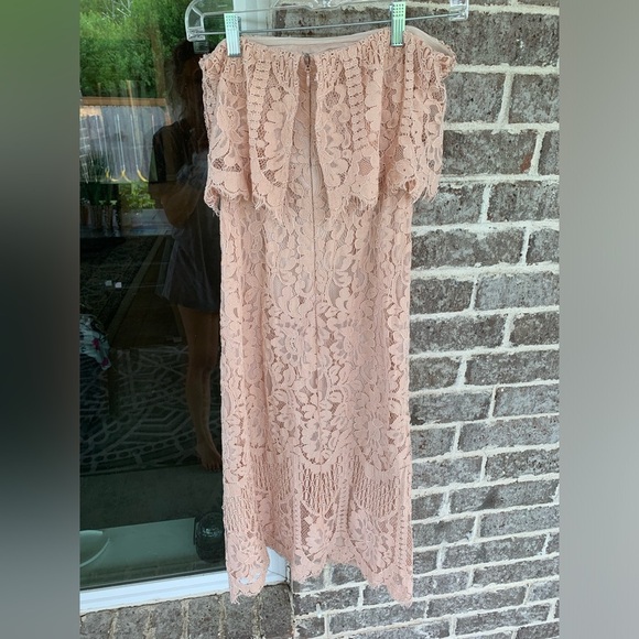 Lulus Delia Blush Pink Lace Strapless Midi Dress - Picture 4 of 8